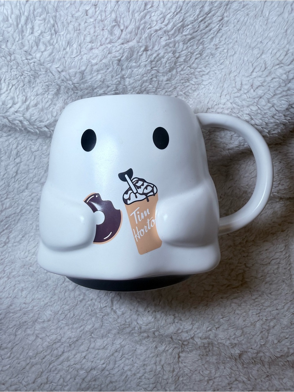 Tim Hortons White Ghost Mug with Donut and Iced Coffee Design - 2024 Halloween